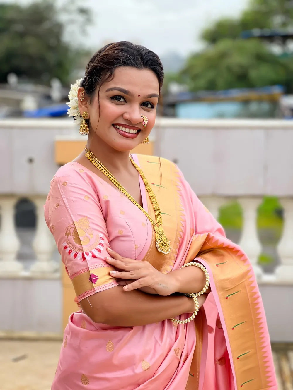 Traditional Paithani Silk Saree with Ganapati Pallu & Zari Weaving (Pink)